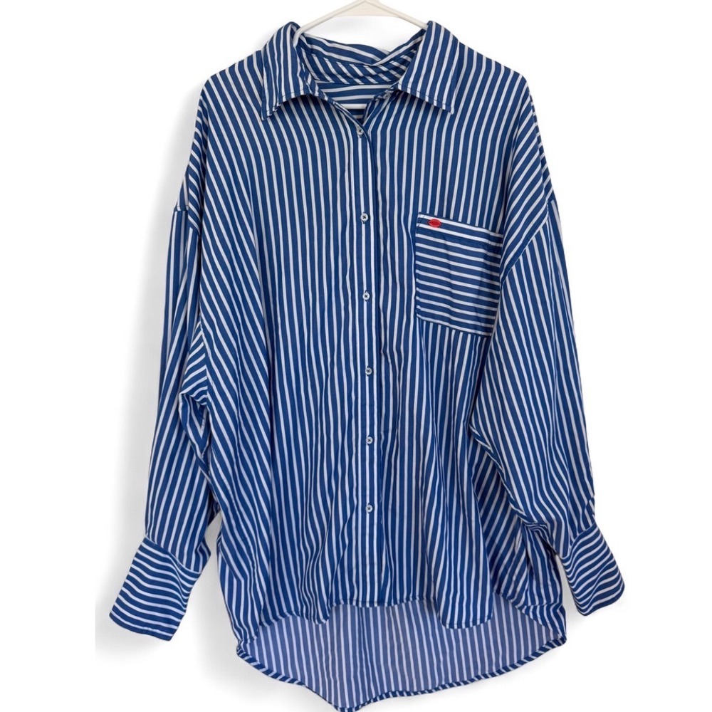Parade Womens Blue White Striped Button Down Shirt Oversized High Low Size Med